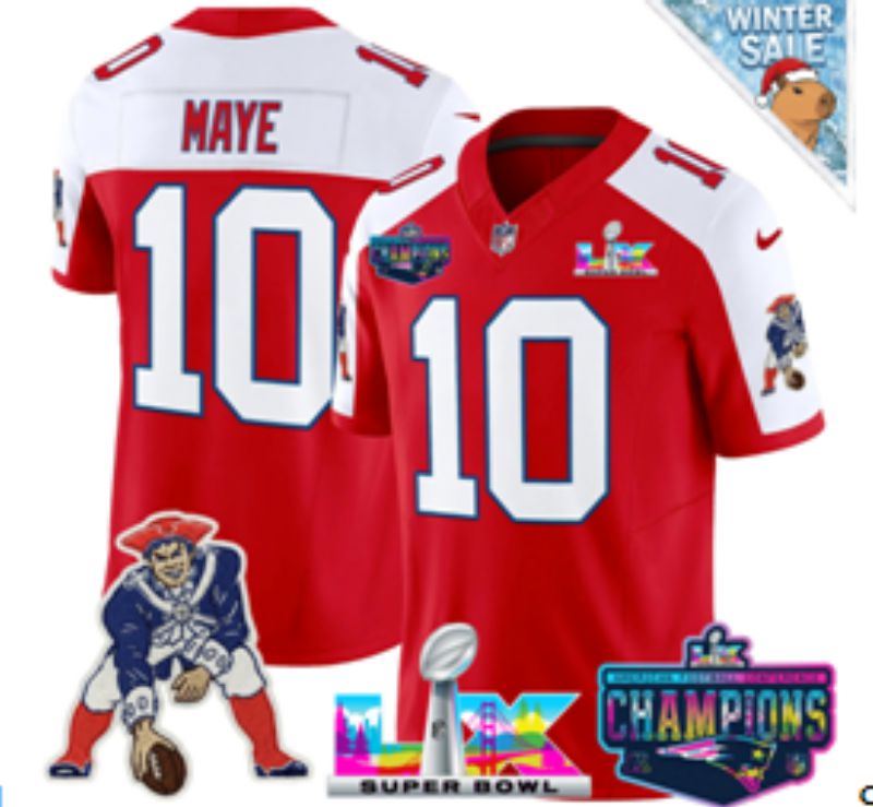 Men 2026 New England Patriots #10 Maye Red Super Bowl Nike Limited NFL Jersey style 02